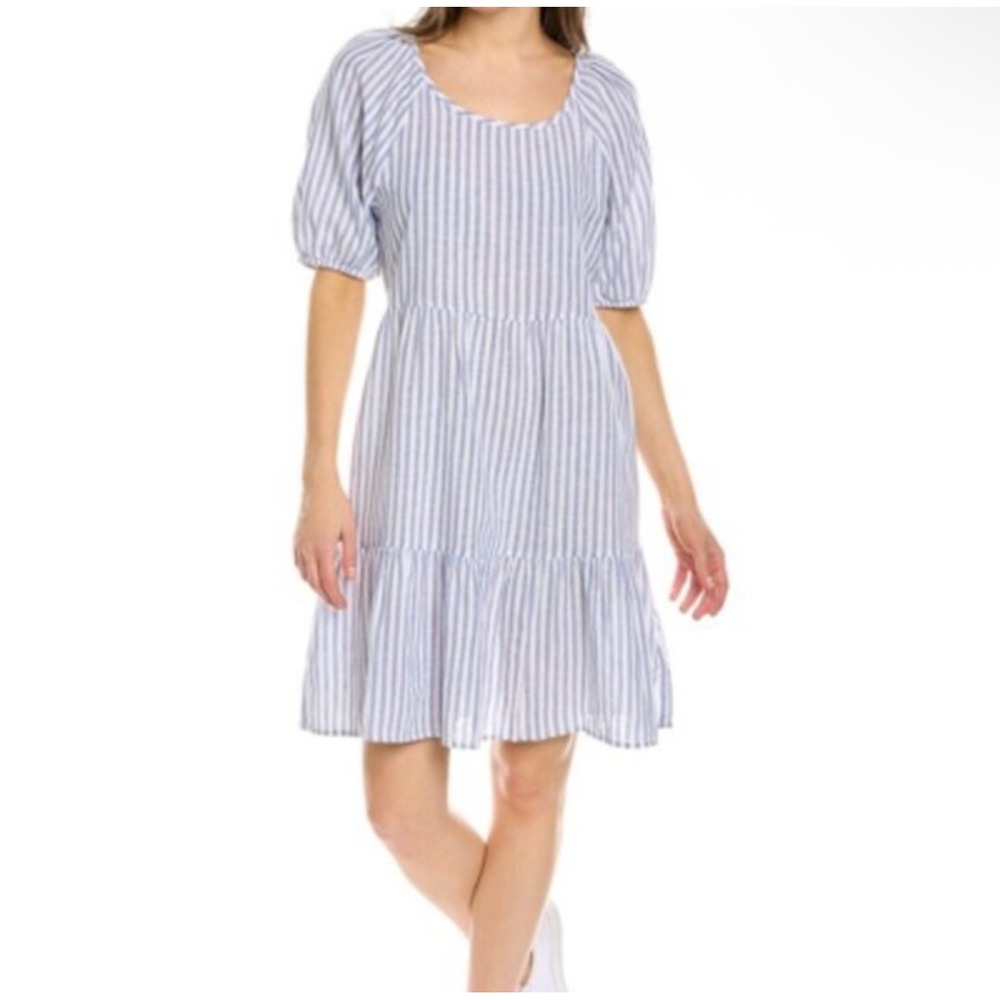 NWT Beachlunchlounge Luca Striped Linen Blend Tiered Mini Dress Blue White XS‎